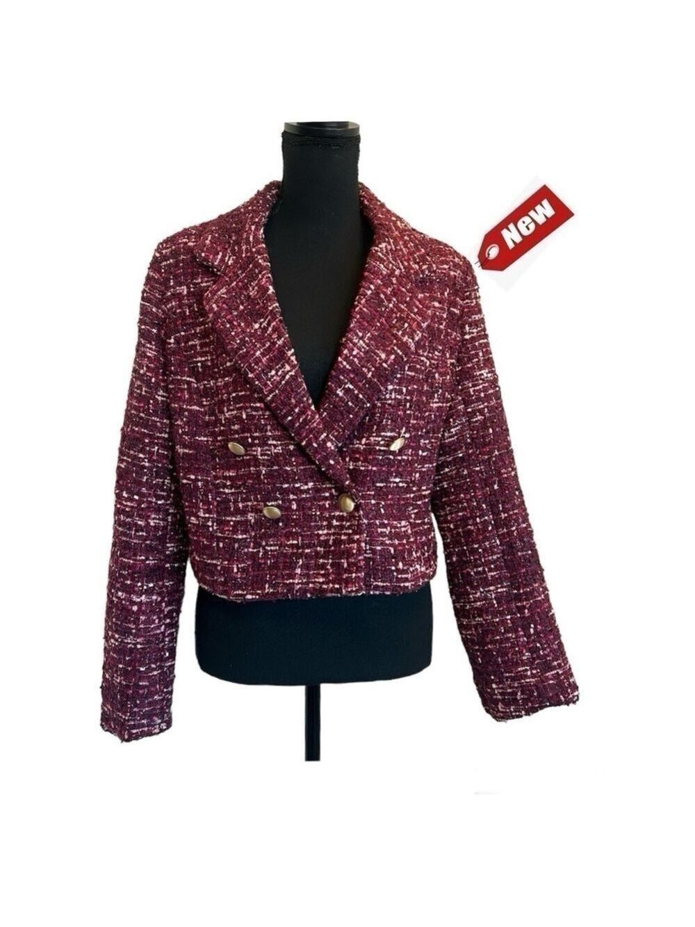 House of Harlow tweed raspberry pink double breasted short blazer jacket M NWT